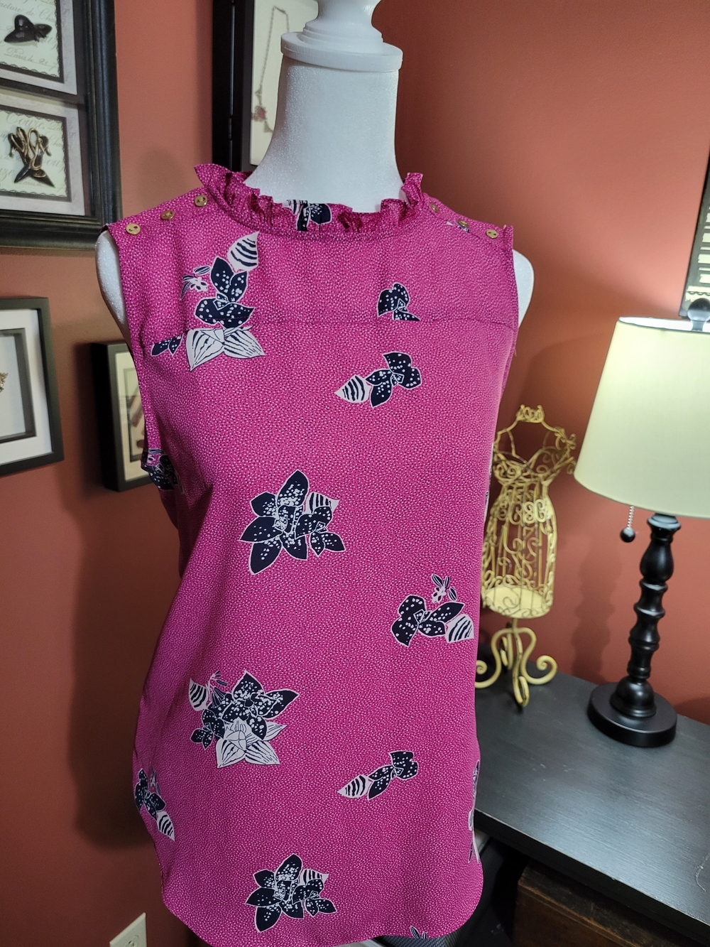 LOFT Pink Floral Ruffle Neck Sleeveless Top